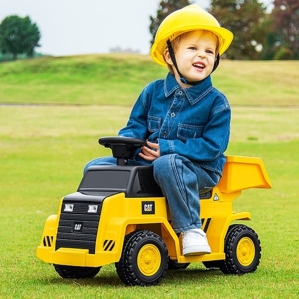 slide 2 of 9, 6V Electric Licensed Caterpillar Construction Vehicle with One-Button Start - 19" x 14" x 17" (L x W x H) Yellow-Black