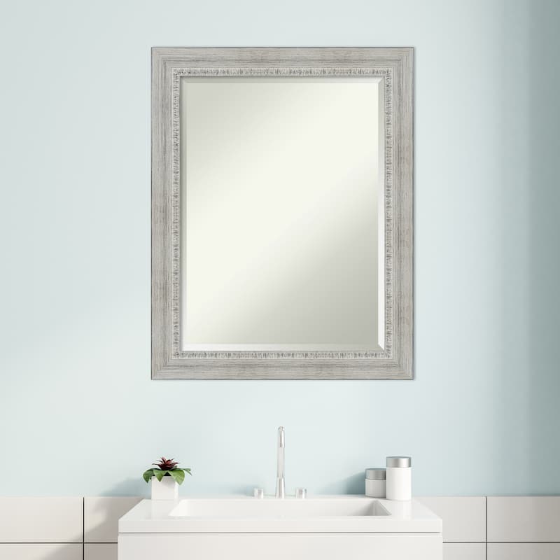 Beveled Wood Bathroom Wall Mirror - Rustic White Wash Frame