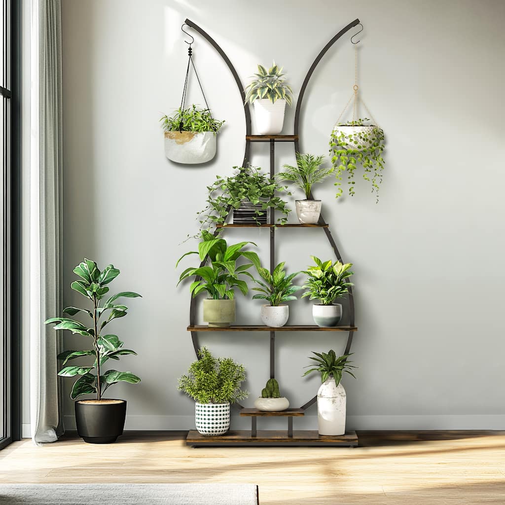 5 Tier Tall Plant Stand Vase-Shape Metal Plant Shelf with Hanging Hook - 30"L x 12" W x 72" H
