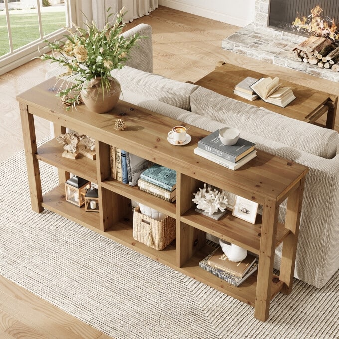 63-Inch Entryway Table with Adjustable Shelf, Solid Wood Console Table