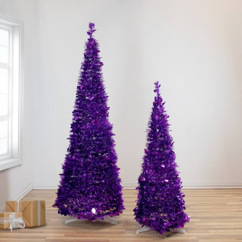 4' Purple Tinsel Pop-Up Artificial Christmas Tree, Unlit - 4 Foot
