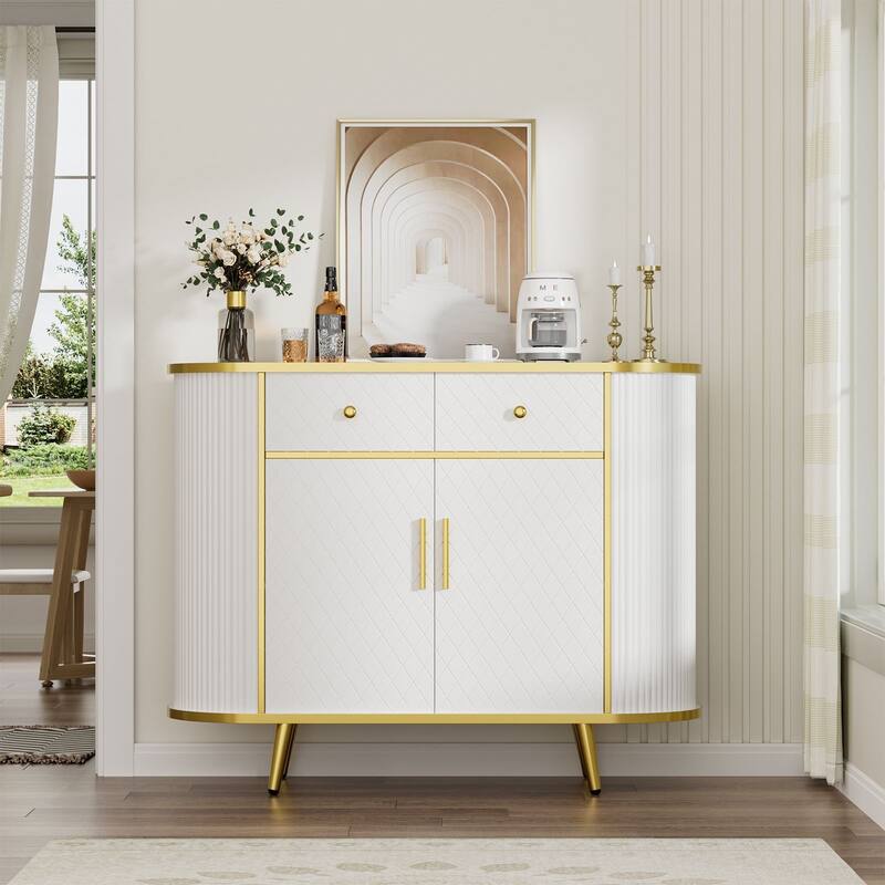 43" Oval Sideboard Buffet Cabinet with Fluted Design, Storage Cabinet with Doors & Drawers for Living Room & Entryway - White