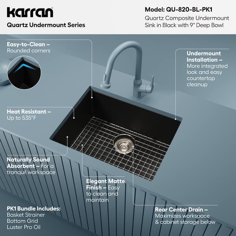 Karran Undermount 24.38 in Single Bowl Quartz Kitchen Sink Kit