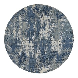 Shahbanu Rugs Yankees Blue, Abstract Design, Wool and Pure Silk, Hand ...