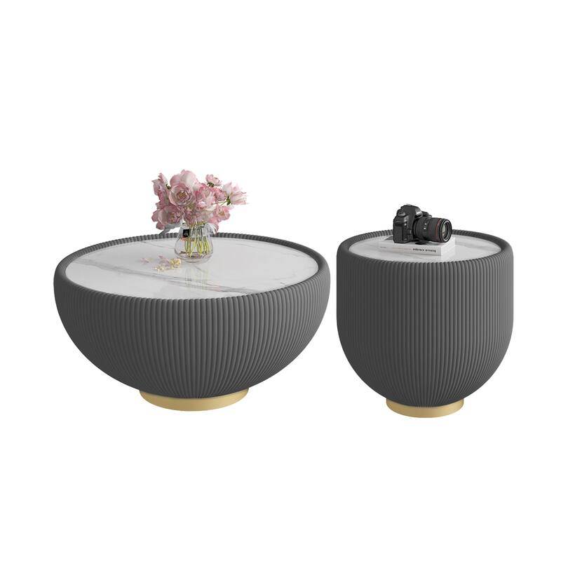 Light Sintered Stone Cup Shape Leather Coffee Table - Unique Grey Pattern