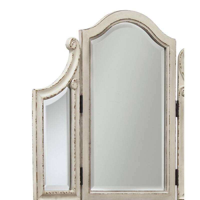Antiqued Wooden Mirror Stool Set with Square Tapered Legs, White and Brown