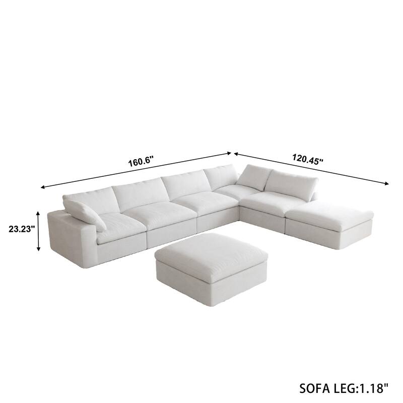 160 in. Free Combination Overstuffed Down Filled Comfort Linen U-shape 6-Seat Sofa Modular Sectional with Ottoman