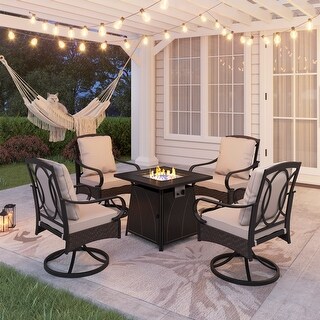 5-Piece Patio Dining Firepit Set of 4 Rattan/Metal Deep-Seating Swivel Chairs and 28" 50,000BTU Progane Fire Pits Table