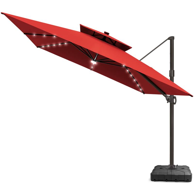 11 FT Square Outdoor Patio Cantilever Umbrella with Solar Lights All-Weather Wheeled Base Double Canopy 360 Rotation Tilt