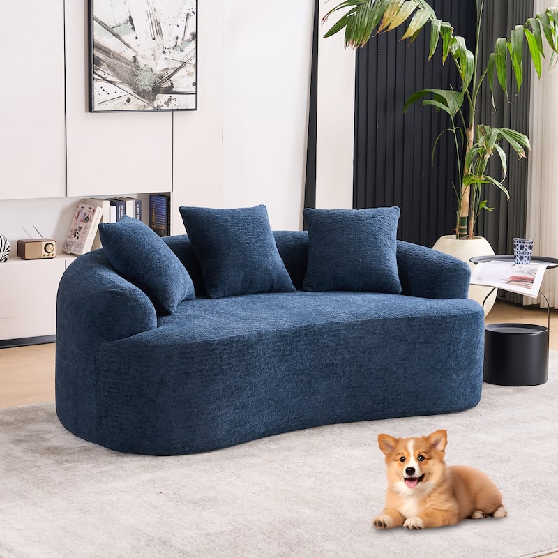 Chenille Deep Seat Loveseat Sofa, Full Compression Sponge Curved Loveseat Sofa, Cloud Floor Couch with 3 Pillows - Blue