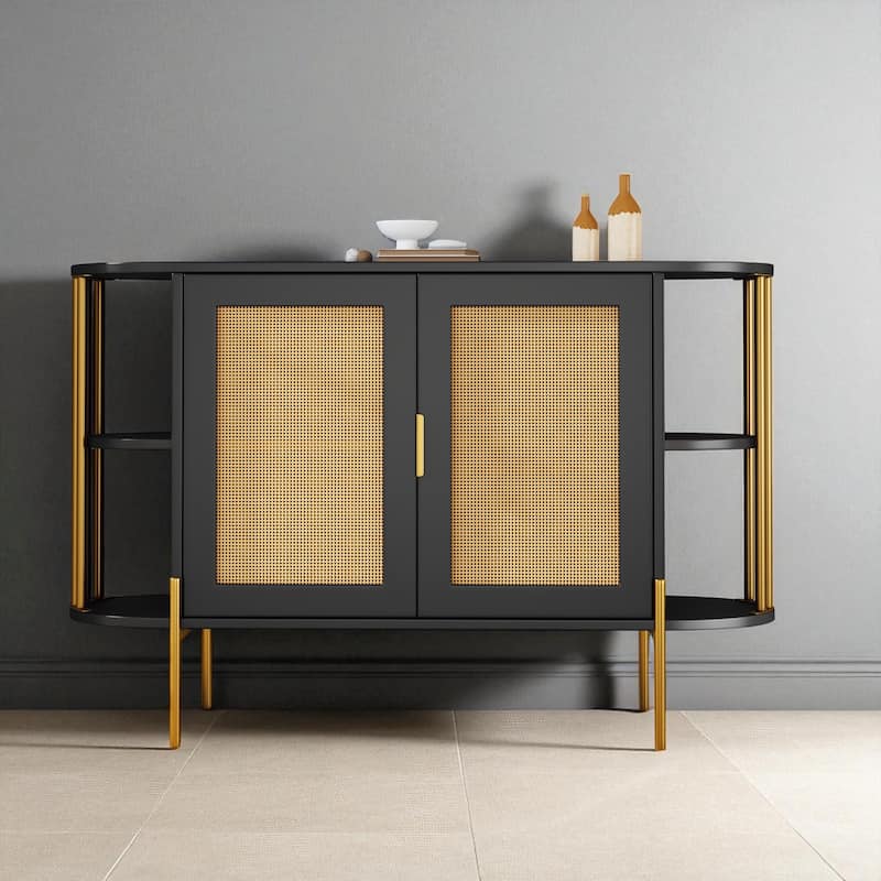 Elegant 2-Door Side Cabinet with Gold Trim and Woven Rattan Doors, Adjustable Shelves - 47.2" - Black