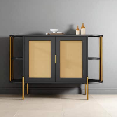 Elegant 2-Door Side Cabinet with Gold Trim and Woven Rattan Doors, Adjustable Shelves - 47.2"
