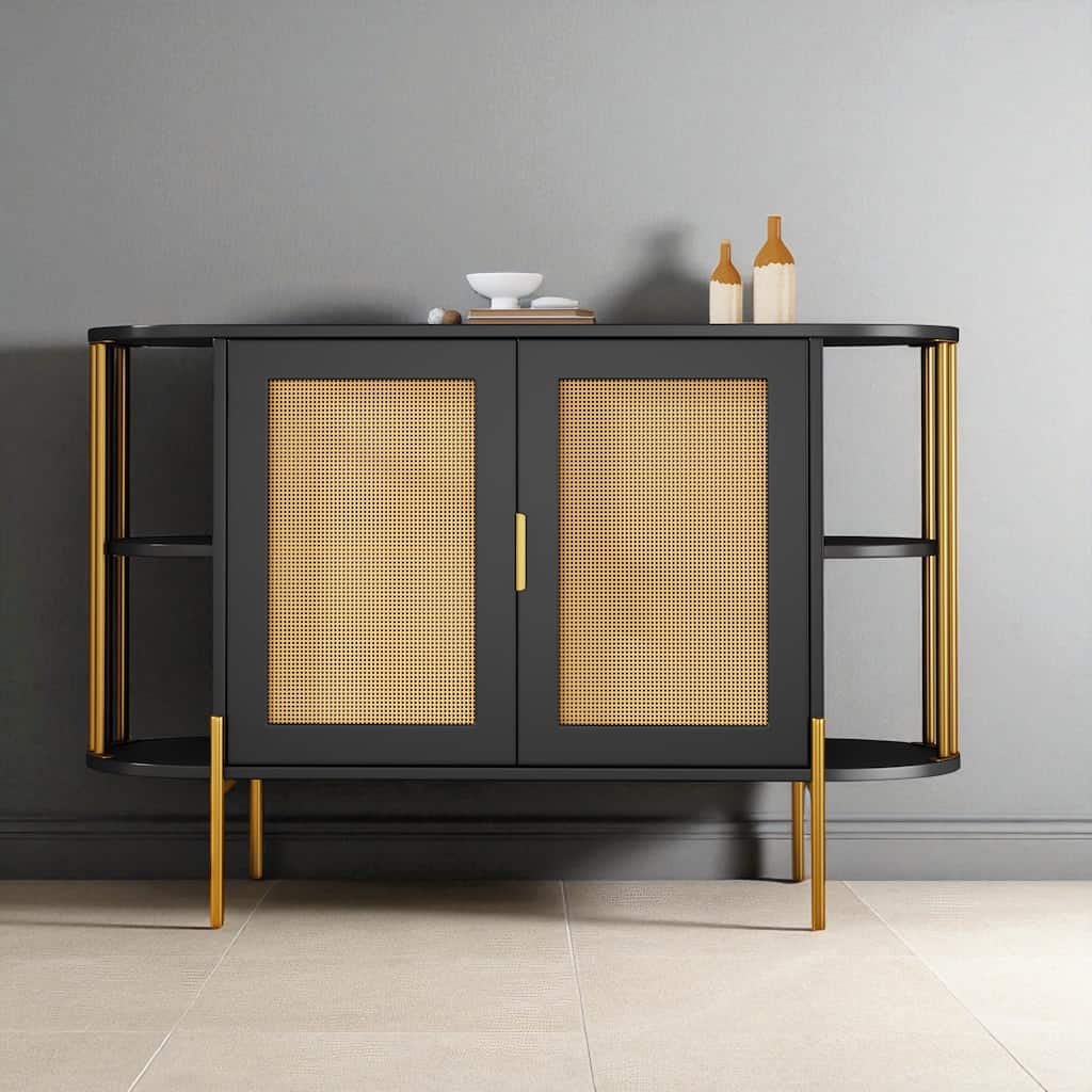 Elegant 2-Door Side Cabinet with Gold Trim and Woven Rattan Doors, Adjustable Shelves - 47.2"