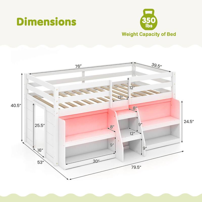 Gymax Twin Size Loft Bed w/ LED Lights Staircase & Safety Guardrail