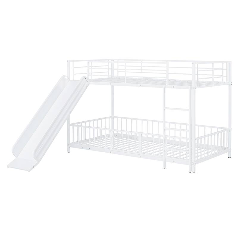 Twin over Twin Metal Bunk Bed with Slide, Guardrails & Convertible Loft Design - White