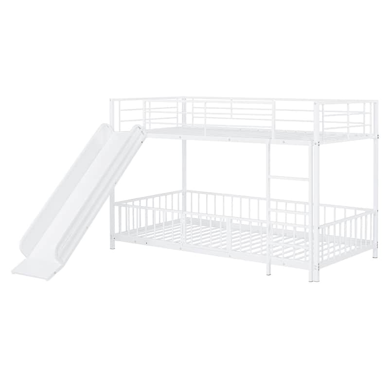 Twin over Twin Size Metal Bunk Bed with Slide and Guardrails for Kids, Boys and Girls, Bedroom
