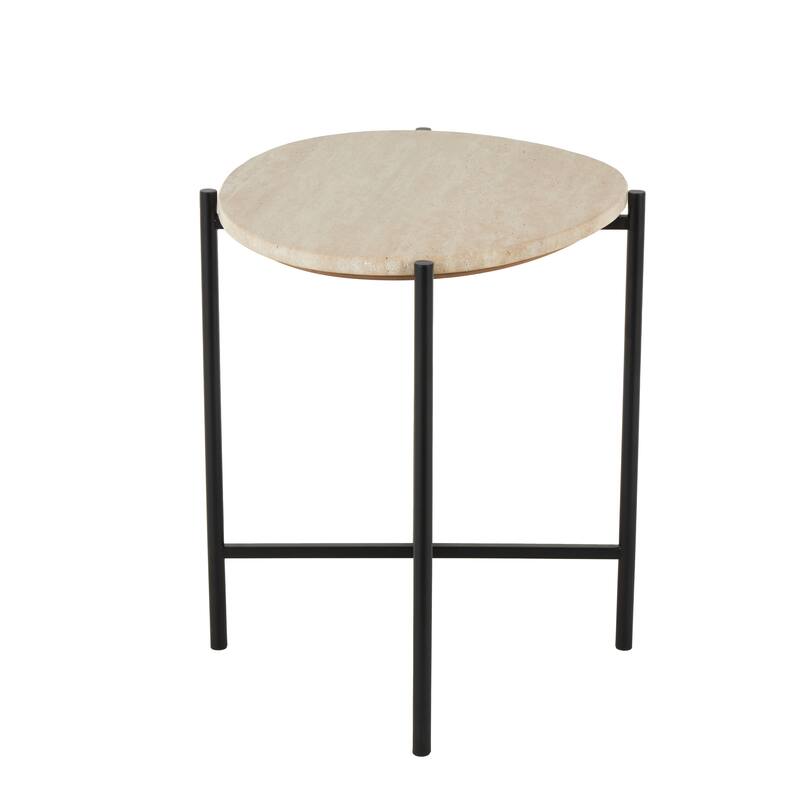 Beige Marble Side End Accent Table with Black Metal Support