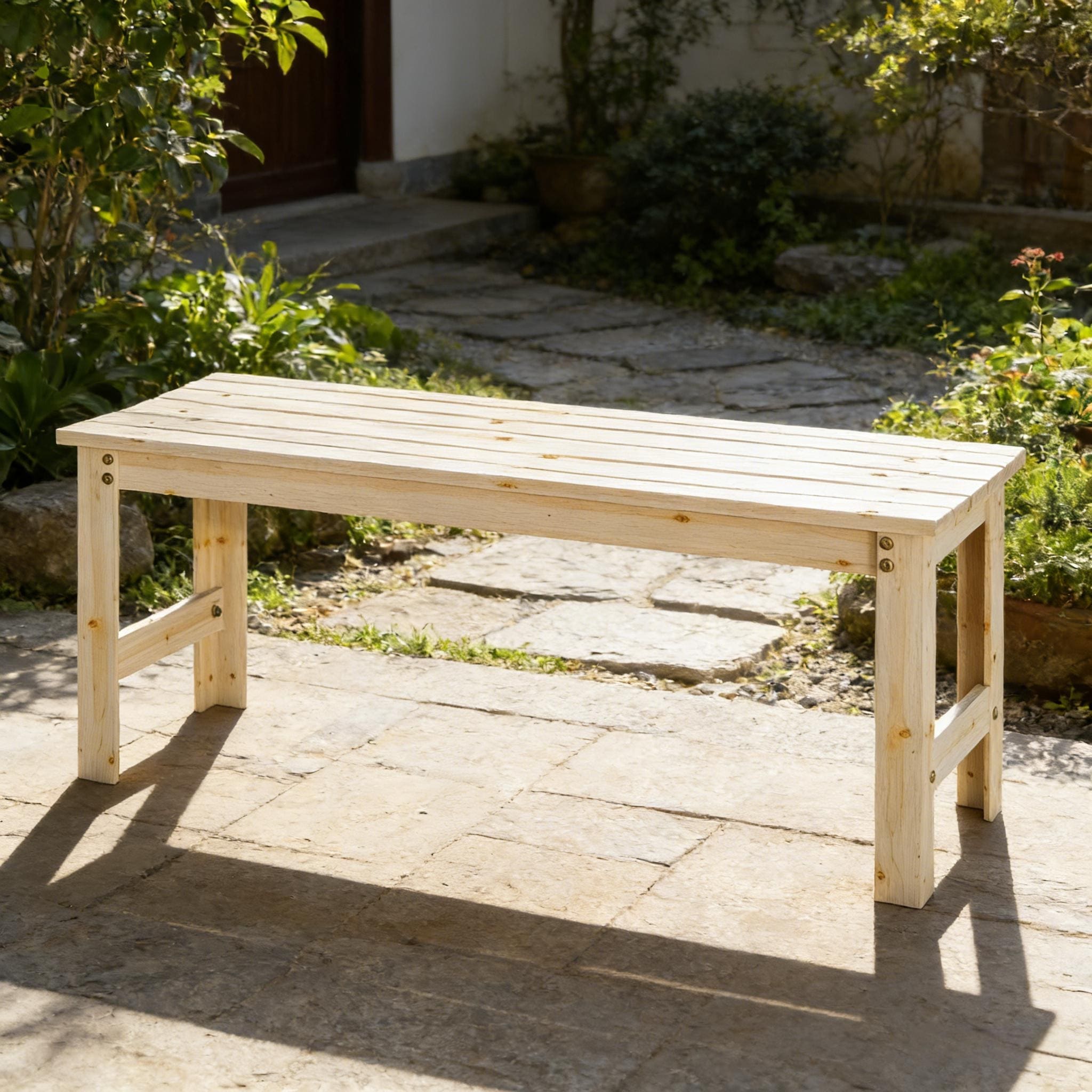 GDFStudio - Solid Pine Wood Backless Outdoor Slatted Bench for Garden and Patio
