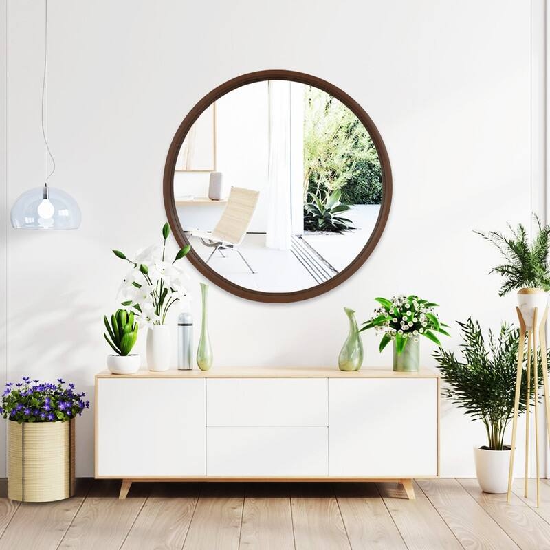 Classic Wooden Frame Farmhouse Round Wall Mirror