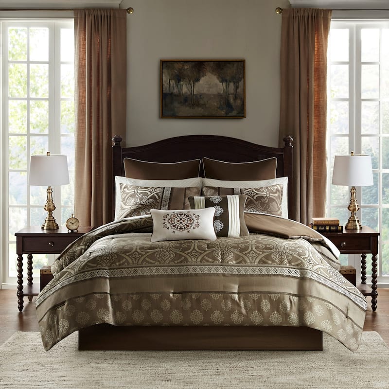 Madison Park Essentials Alexine Brown 16 Piece Jacquard Comforter Set with 2 Bed Sheet Sets