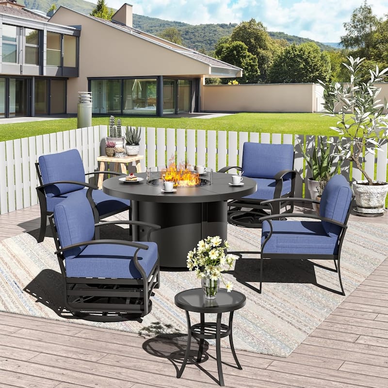Patio Aluminum Sofa with Armrests, Outdoor Conversation Set with Round Fire Pit Table 5inch Thick Seat Cushions