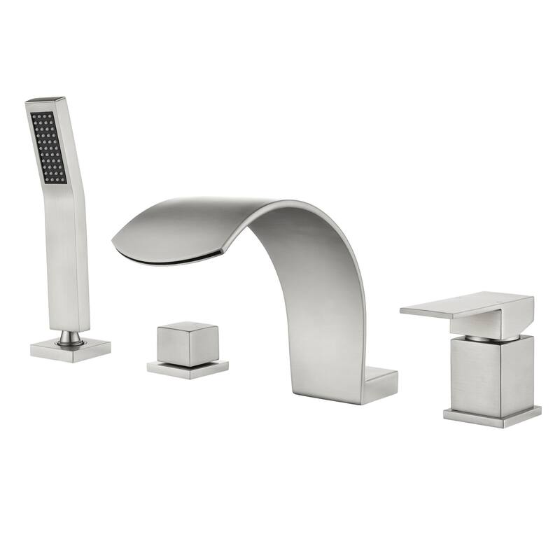 Deck Mount Waterfall Tub Faucet With Handheld Shower Brass 4 Holes Roman Bathtub Faucet Modern Tub Filler With Hnad Sprayer - Brushed Nickel
