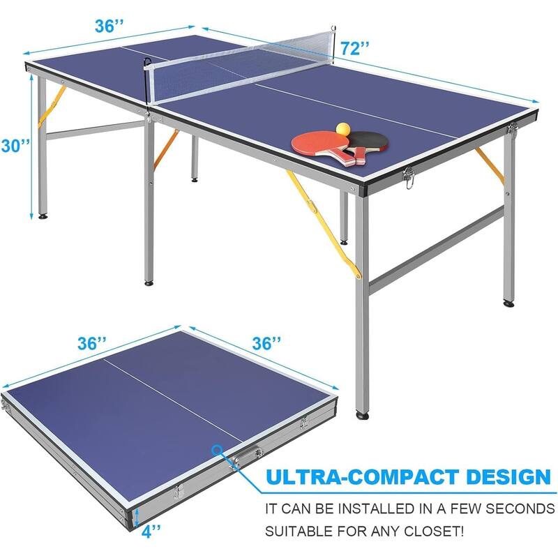 6x3ft Mid-Size Folding Ping Pong Table, Portable Indoor/Outdoor Table Tennis Set with Net, 2 Paddles & 3 Balls