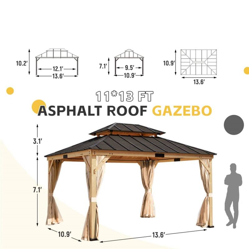 EROMMY 11' x 13' Asphalt Hardtop Gazebo, Spruce Wood Double Roof Gazebo with Waterproof Coated Wood Frame for Patios