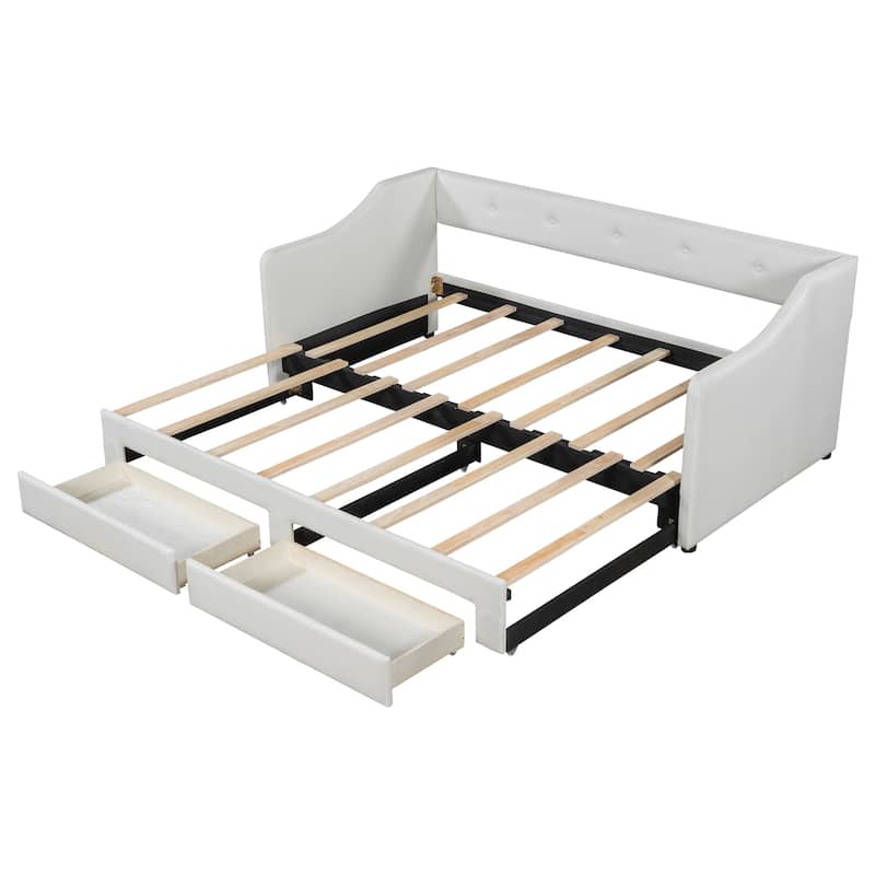 Twin XL to King Size Linen Fabric Daybed, Pull Out Upholstered Platform Sofa Bedframe with 2 Drawers, Wood Slats Support