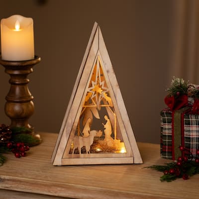 LED Lighted Holy Family Wooden Christmas Nativity Scene - 12"