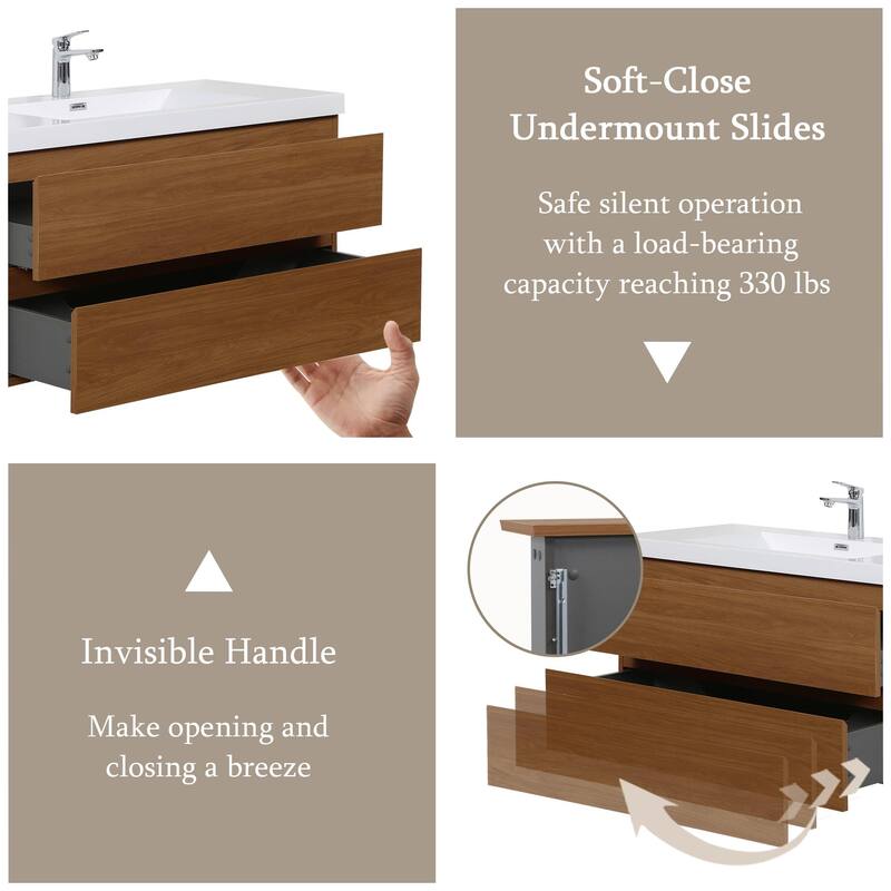 GDFStudio - Benjamin Modern Floating Bathroom Vanity with Integrated Resin Sink and Soft-Close Storage Drawers
