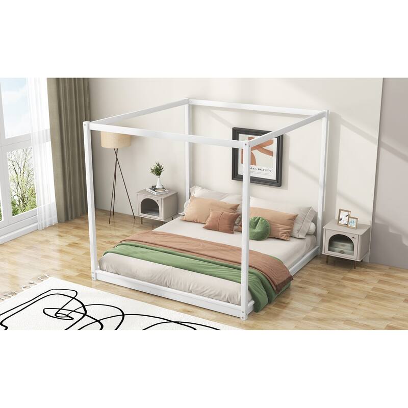 King Size Wooden Canopy Bed w/ Support Legs Upholstered Platform Bed Frame No Box Spring Needed, Easy Assembly Floor Bed