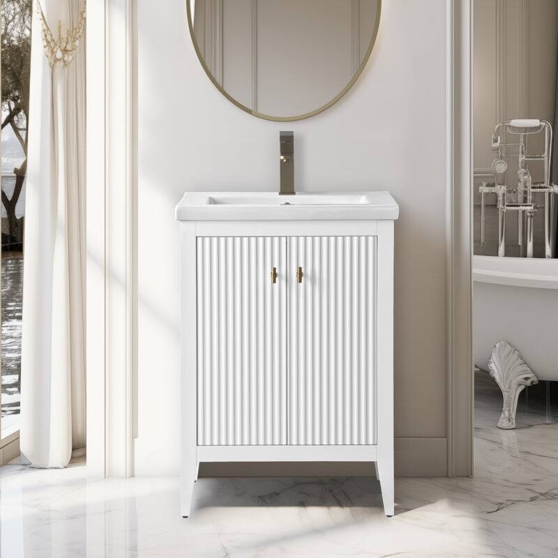Vanity Art 24" Single Sink Bathroom Vanity Cabinet with Ceramic Top - 24"/Golden Brushed Handle - Linear White