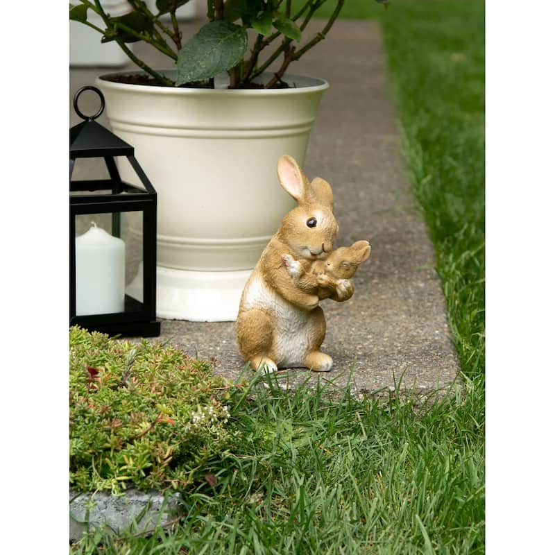 Mom with Baby Rabbit Outdoor Figurine - 10" - Brown and White