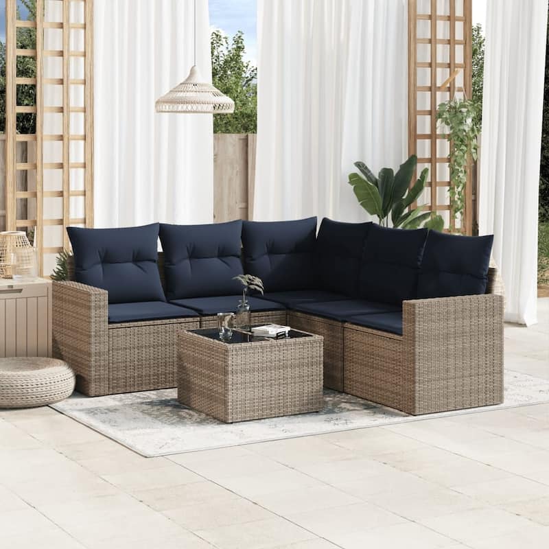 vidaXL Patio Sofa Set with Cushions Outdoor Conversation Furniture Poly Rattan - 25.8" x 24.4" x 27.2" - Beige and gray with table