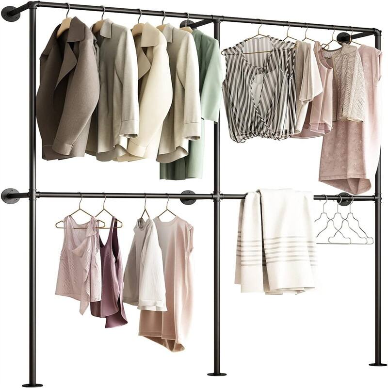 Industrial Pipe Clothing Rack Wall Mounted - 11.8"D x 71"W x 82.6"H - 11.8"D x 71"W x 82.6"H - Black
