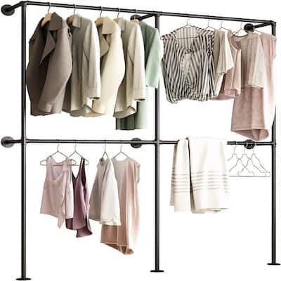 Industrial Pipe Clothing Rack Wall Mounted - 11.8"D x 71"W x 82.6"H