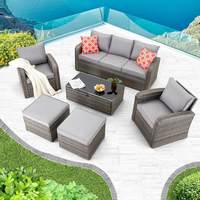 EROMMY 6/7 Piece Modular Outdoor Rattan Sofa Set, All-Weather Wicker Patio Furniture with Storage Table, Cushions & Pillows - Arm Single Chair - Grey