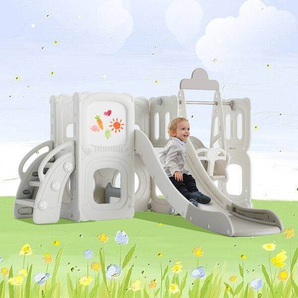 slide 2 of 18, 5 in 1 Toddler Slide and Swing Set, Kids Playground Climber Slide Playset with Drawing Whiteboard, , Freestanding Combination Grey