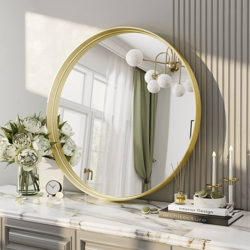 Round Tempered Glass and Metal Framed French Cleat Mounted Wall Bathroom / Vanity Mirror - 20" x 20" - Gold