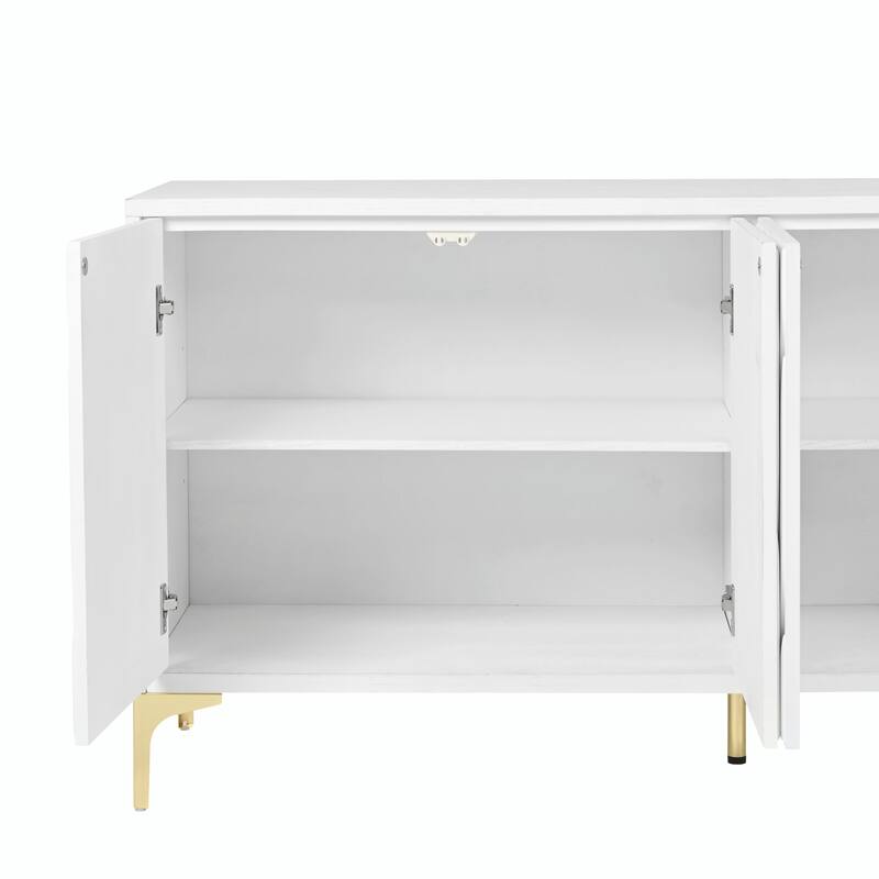 60" Carved Credenza Storage Cabinet, Handleless Press-to-Open Sideboard with 4 Doors