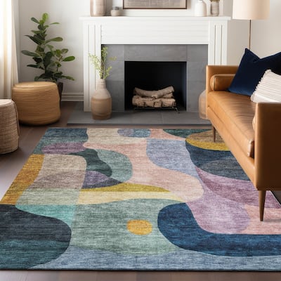 Machine Washable Indoor/ Outdoor Abstract Contemporary Chantille Rug