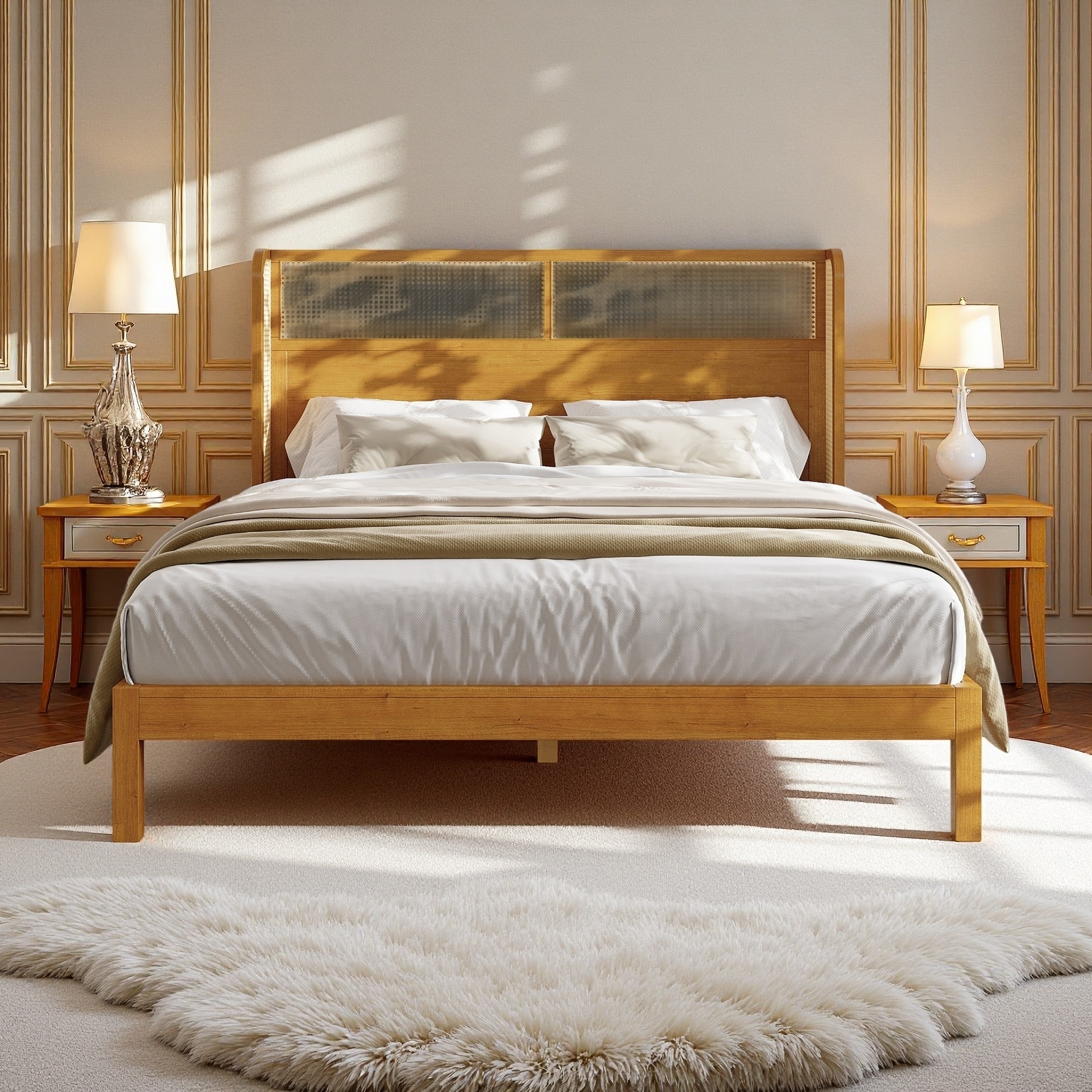 Rubberwood Platform Bed Frame with Headboard, and Mid-Century Modern Style