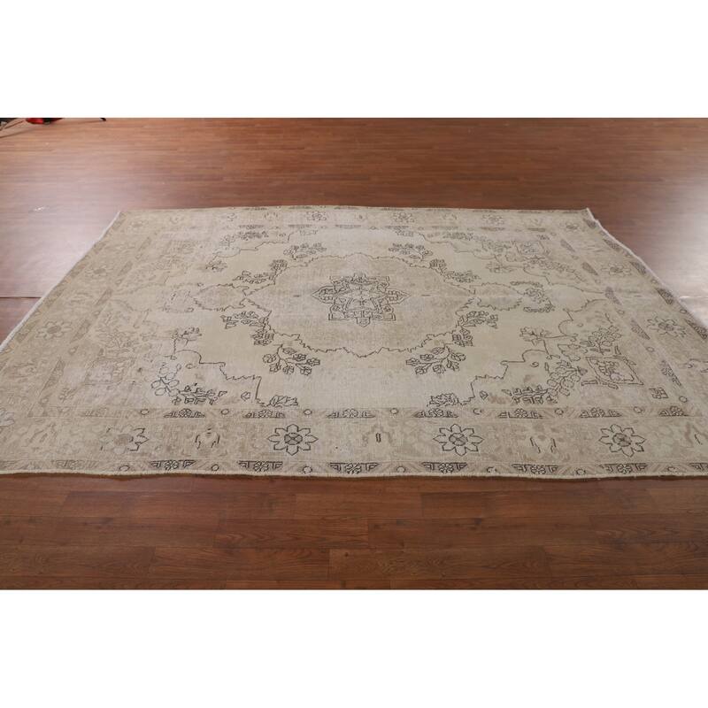 Geometric Distressed Tabriz Persian Vintage Rug Handmade Wool Carpet - 6'4"x 9'2"