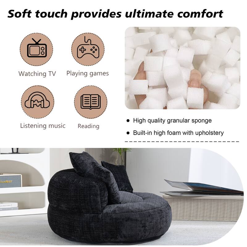 Chenille Upholstered Durable Comfort Lounger High Back Bean Bag Lazy Sofa With Three Pillows
