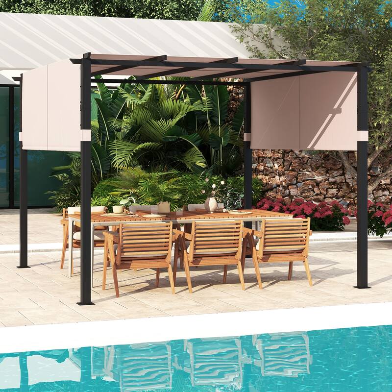 Gymax 10 x 10 ft Flat Top Pergola w/ Retractable Canopy Outdoor Grill