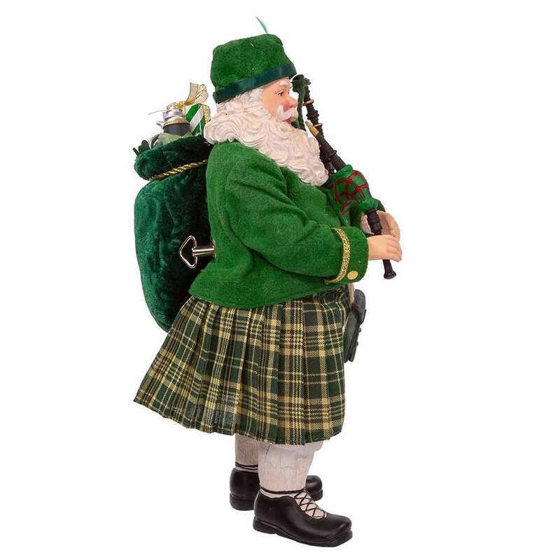 Kurt Adler 10.5-Inch Fabriché Musical Irish Bagpiper Santa - Multicolored