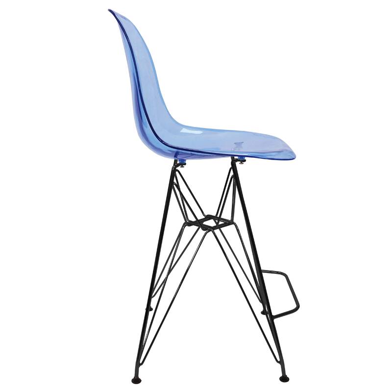 Cresco Acrylic Barstool in Brushed Black Steel Base with Ergonomic Seat, Footrest, & Floor Pads for Kitchen or Home Bar Set of 2