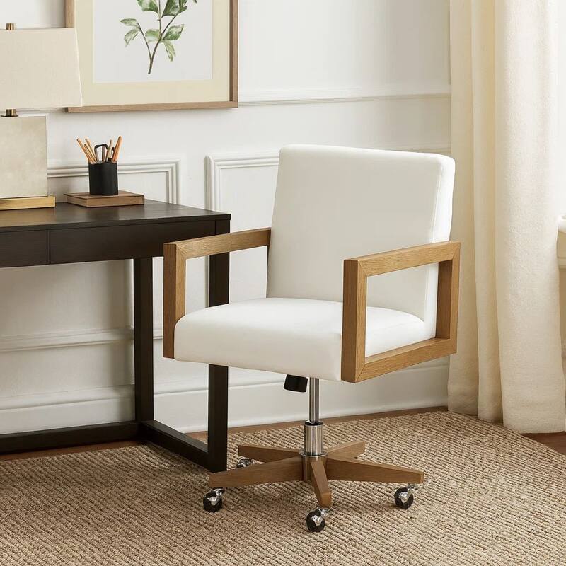 Rux 24 Inch Office Swivel Chair, White Fabric, Rolling Base, Brown Wood