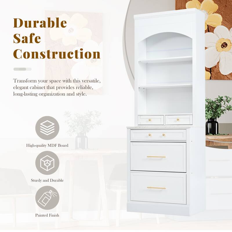 Kitchen Pantry with Countertop, Tall Freestanding Storage Cabinet with 5 Storage Drawers & Adjustable Shelf